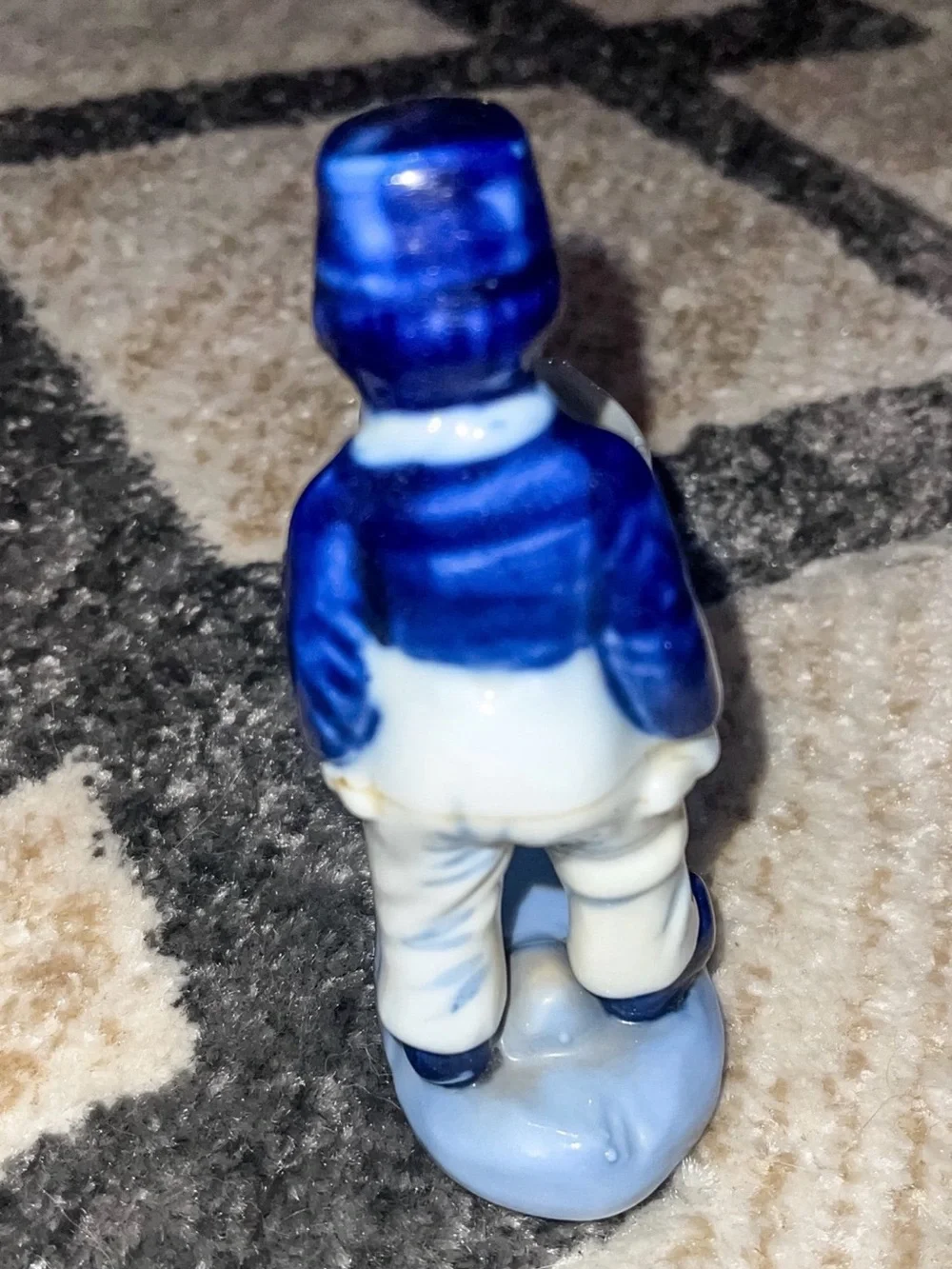 Vintage Blue and White Porcelain Fisherman Wheelbarrow Figurine